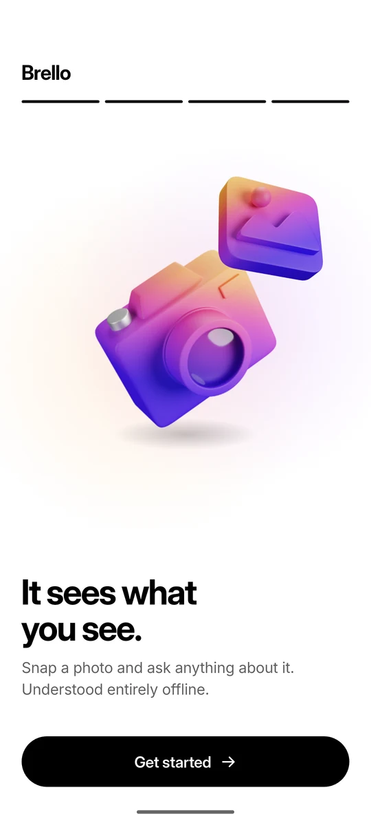 Brello 1.0 onboarding screen about photos: take a photo and ask about it, understood on the phone.