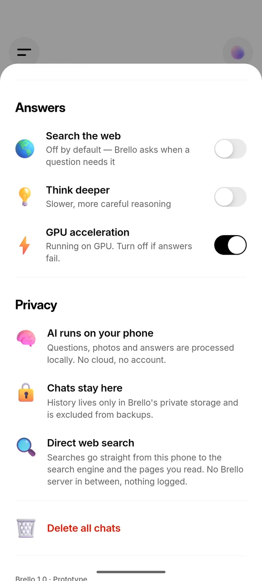 Brello 1.0 settings, stating that the AI runs on the phone, chats stay on it and web search is direct.